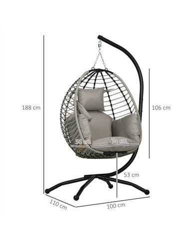 Outsunny Single Rattan Hanging Egg Chair, with Seat Cushion - Grey
