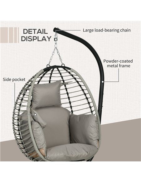 Outsunny Single Rattan Hanging Egg Chair, with Seat Cushion - Grey - pic 129078 | FastDaddyshop