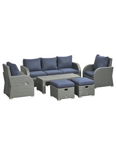 Outsunny Six-piece Outdoor Rattan Dining Set, with Reclining Armchairs - Blue