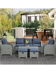 Outsunny Six-piece Outdoor Rattan Dining Set, with Reclining Armchairs - Blue 2