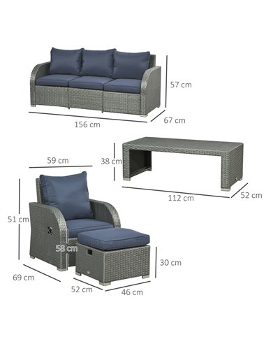 Outsunny Six-piece Outdoor Rattan Dining Set, with Reclining Armchairs - Blue