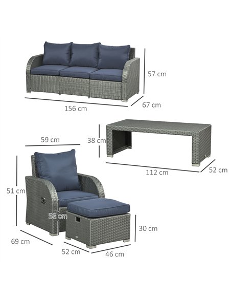 Outsunny Six-piece Outdoor Rattan Dining Set, with Reclining Armchairs - Blue - pic 129083 | FastDaddyshop