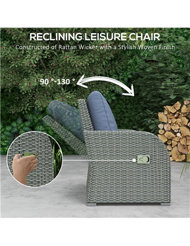 Outsunny Six-piece Outdoor Rattan Dining Set, with Reclining Armchairs - Blue
