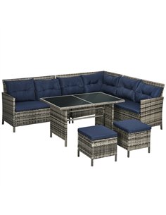 Outsunny 7-Seater Patio wicker Sofa Set Rattan Chair Furniture w/ Glass & Cushioned, Dark Blue