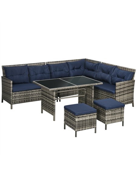 Outsunny 7-Seater Patio wicker Sofa Set Rattan Chair Furniture w/ Glass & Cushioned, Dark Blue - pic 129090 | FastDaddyshop