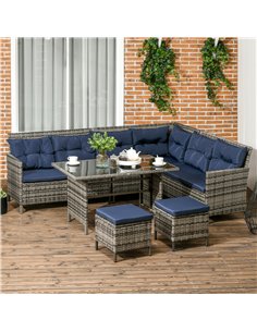 Outsunny 7-Seater Patio wicker Sofa Set Rattan Chair Furniture w/ Glass & Cushioned, Dark Blue 2