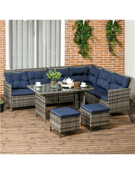 Outsunny 7-Seater Patio wicker Sofa Set Rattan Chair Furniture w/ Glass & Cushioned, Dark Blue - pic 129091 | FastDaddyshop