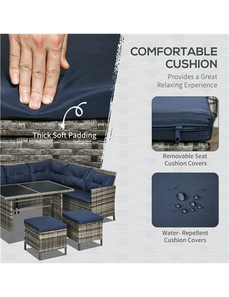 Outsunny 7-Seater Patio wicker Sofa Set Rattan Chair Furniture w/ Glass & Cushioned, Dark Blue - pic 129094 | FastDaddyshop