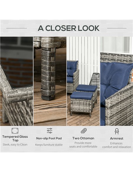 Outsunny 7-Seater Patio wicker Sofa Set Rattan Chair Furniture w/ Glass & Cushioned, Dark Blue - pic 129095 | FastDaddyshop