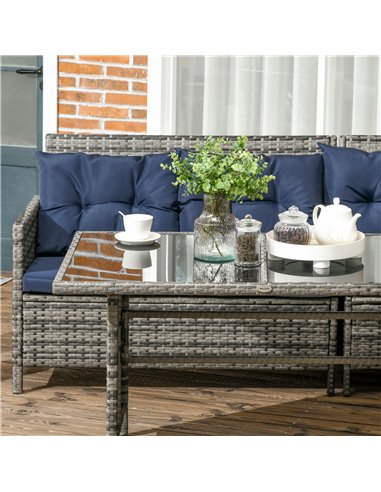 Outsunny 7-Seater Patio wicker Sofa Set Rattan Chair Furniture w/ Glass & Cushioned, Dark Blue