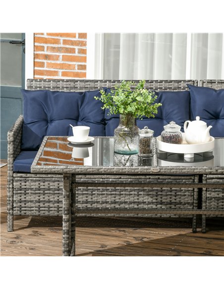 Outsunny 7-Seater Patio wicker Sofa Set Rattan Chair Furniture w/ Glass & Cushioned, Dark Blue - pic 129098 | FastDaddyshop
