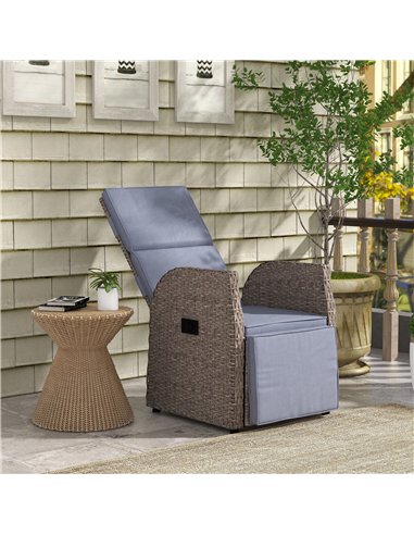 Outsunny 148° Reclining Rattan Garden Armchair, with Footrest - Brown/Grey
