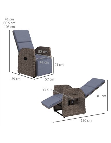Outsunny 148° Reclining Rattan Garden Armchair, with Footrest - Brown/Grey