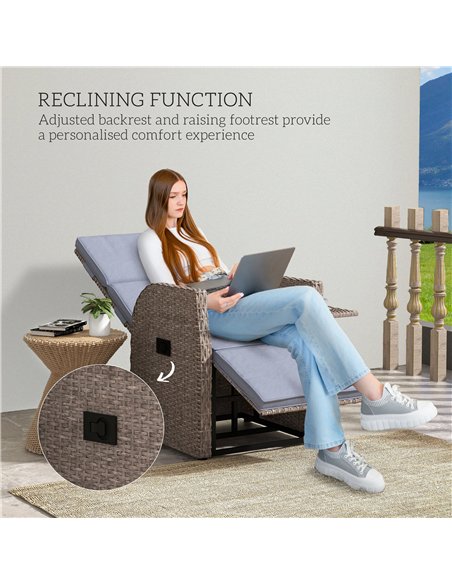 Outsunny 148° Reclining Rattan Garden Armchair, with Footrest - Brown/Grey - pic 129102 | FastDaddyshop