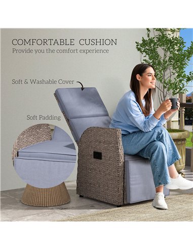 Outsunny 148° Reclining Rattan Garden Armchair, with Footrest - Brown/Grey