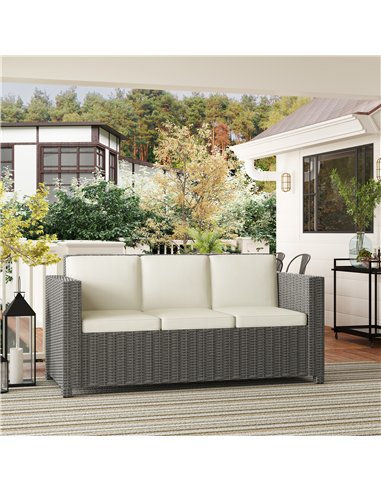 Outsunny 3 Seater Rattan Sofa All-Weather Wicker Weave Metal Frame Chair with Fire Resistant Cushio-Cream