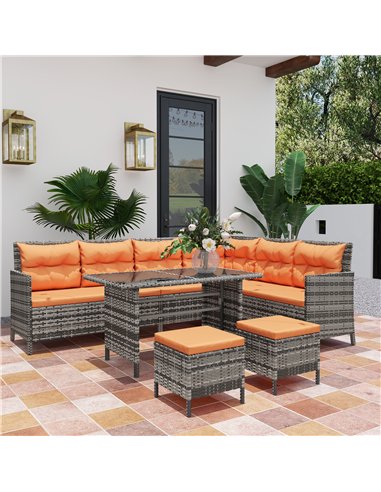 Outsunny 7-Seater Patio wicker Sofa Set Rattan Chair Furniture w/ Glass & Cushioned, Orange