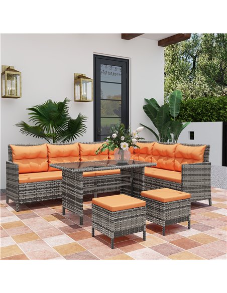 Outsunny 7-Seater Patio wicker Sofa Set Rattan Chair Furniture w/ Glass & Cushioned, Orange - pic 129123 | FastDaddyshop