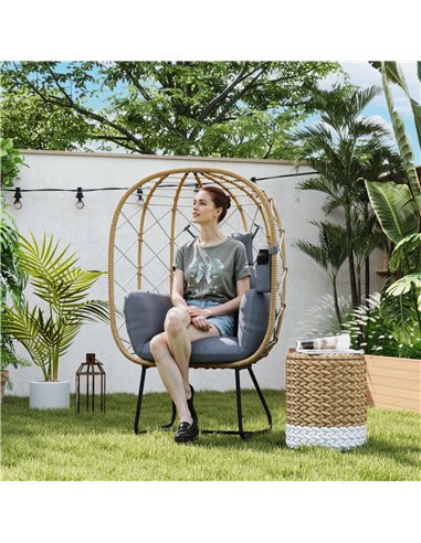 Outsunny Rattan Egg Chair Outdoor Indoor Wicker Chair with Thickened Cushion and Headrest, Standing Garden Egg Chair with Cup Ho