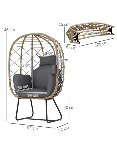 Outsunny Rattan Egg Chair Outdoor Indoor Wicker Chair with Thickened Cushion and Headrest, Standing Garden Egg Chair with Cup Ho