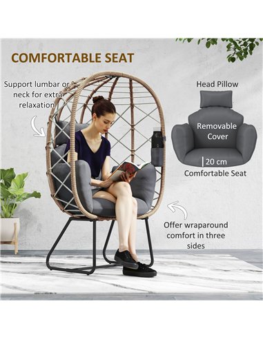 Outsunny Rattan Egg Chair Outdoor Indoor Wicker Chair with Thickened Cushion and Headrest, Standing Garden Egg Chair with Cup Ho