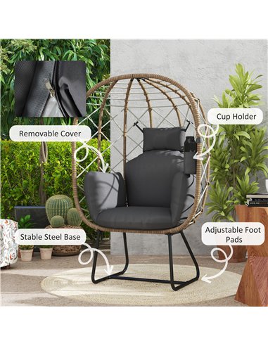 Outsunny Rattan Egg Chair Outdoor Indoor Wicker Chair with Thickened Cushion and Headrest, Standing Garden Egg Chair with Cup Ho