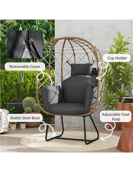 Outsunny Rattan Egg Chair Outdoor Indoor Wicker Chair with Thickened Cushion and Headrest, Standing Garden Egg Chair with Cup Ho - pic 129150 | FastDaddyshop