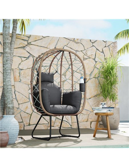 Outsunny Rattan Egg Chair Outdoor Indoor Wicker Chair with Thickened Cushion and Headrest, Standing Garden Egg Chair with Cup Ho - pic 129151 | FastDaddyshop