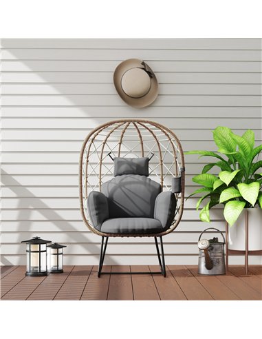 Outsunny Rattan Egg Chair Outdoor Indoor Wicker Chair with Thickened Cushion and Headrest, Standing Garden Egg Chair with Cup Ho