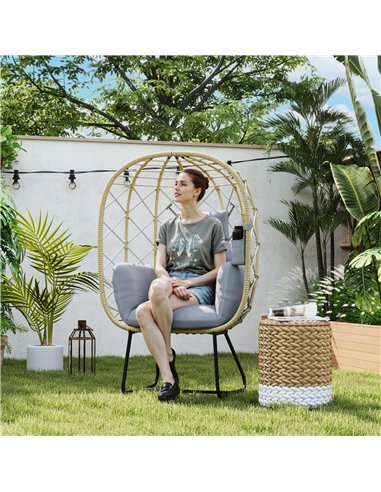 Outsunny Rattan Egg Chair Outdoor Indoor Wicker Chair with Thickened Cushion and Headrest, Standing Garden Egg Chair with Cup Ho