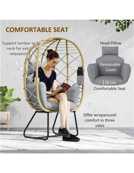Outsunny Rattan Egg Chair Outdoor Indoor Wicker Chair with Thickened Cushion and Headrest, Standing Garden Egg Chair with Cup Ho - pic 129156 | FastDaddyshop