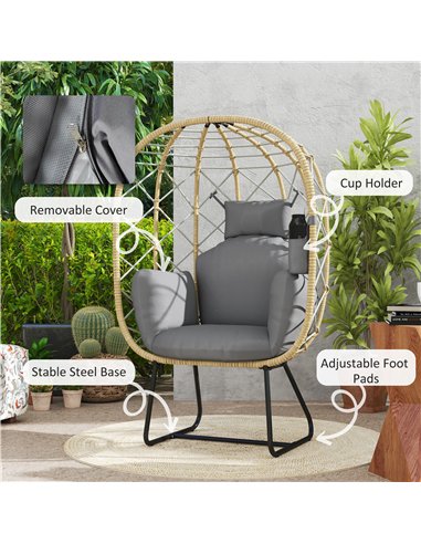 Outsunny Rattan Egg Chair Outdoor Indoor Wicker Chair with Thickened Cushion and Headrest, Standing Garden Egg Chair with Cup Ho