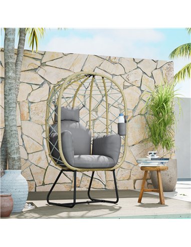 Outsunny Rattan Egg Chair Outdoor Indoor Wicker Chair with Thickened Cushion and Headrest, Standing Garden Egg Chair with Cup Ho