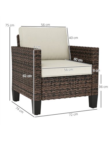 Outsunny Single Rattan Armchair, with Cushions - Brown