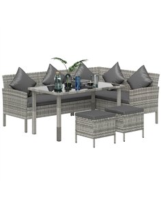 Outsunny tsunny 6-Seater Rattan Dining Set Sofa Table Footstool Outdoor w/ Cushion Garden Furniture, Dark Grey