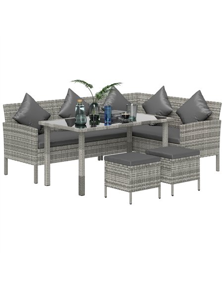 Outsunny tsunny 6-Seater Rattan Dining Set Sofa Table Footstool Outdoor w/ Cushion Garden Furniture, Dark Grey - pic 129225 | FastDaddyshop