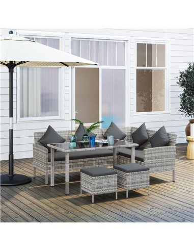 Outsunny tsunny 6-Seater Rattan Dining Set Sofa Table Footstool Outdoor w/ Cushion Garden Furniture, Dark Grey
