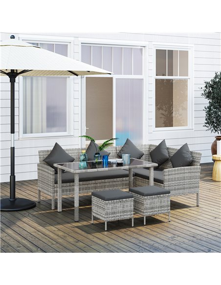 Outsunny tsunny 6-Seater Rattan Dining Set Sofa Table Footstool Outdoor w/ Cushion Garden Furniture, Dark Grey - pic 129226 | FastDaddyshop