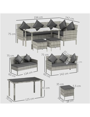 Outsunny tsunny 6-Seater Rattan Dining Set Sofa Table Footstool Outdoor w/ Cushion Garden Furniture, Dark Grey