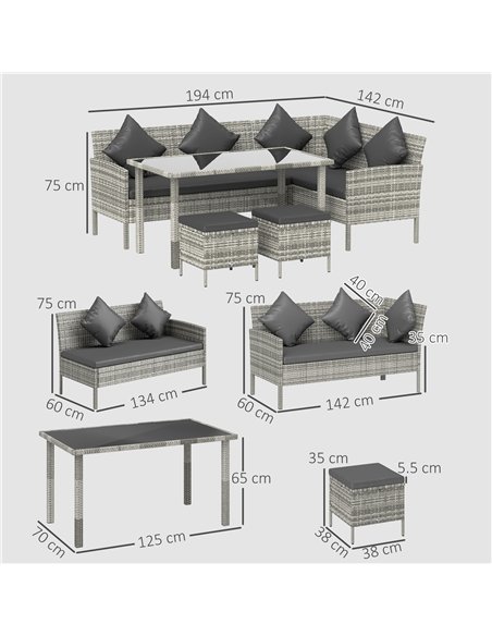 Outsunny tsunny 6-Seater Rattan Dining Set Sofa Table Footstool Outdoor w/ Cushion Garden Furniture, Dark Grey - pic 129227 | FastDaddyshop