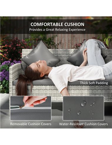 Outsunny tsunny 6-Seater Rattan Dining Set Sofa Table Footstool Outdoor w/ Cushion Garden Furniture, Dark Grey