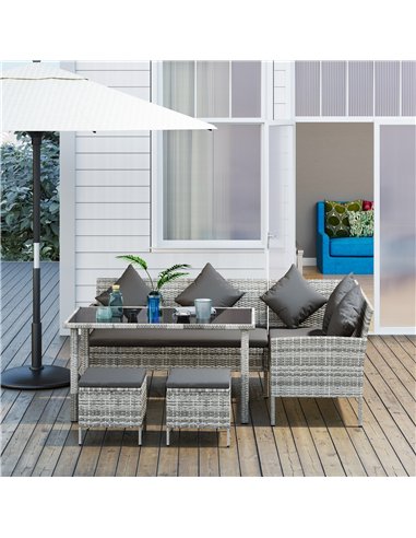Outsunny tsunny 6-Seater Rattan Dining Set Sofa Table Footstool Outdoor w/ Cushion Garden Furniture, Dark Grey