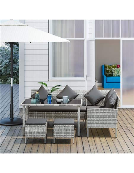 Outsunny tsunny 6-Seater Rattan Dining Set Sofa Table Footstool Outdoor w/ Cushion Garden Furniture, Dark Grey - pic 129232 | FastDaddyshop