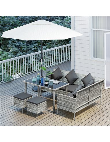 Outsunny tsunny 6-Seater Rattan Dining Set Sofa Table Footstool Outdoor w/ Cushion Garden Furniture, Dark Grey