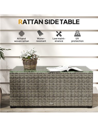 Outsunny 90 x 50cm Glass-Top Rattan Side Table - Dark Grey