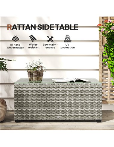 Outsunny 90 x 50cm Glass-Top Rattan Side Table - Light Grey