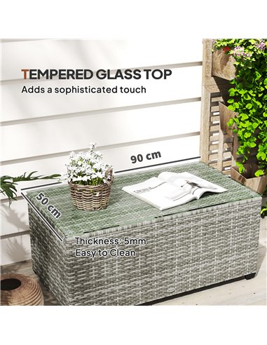 Outsunny 90 x 50cm Glass-Top Rattan Side Table - Light Grey