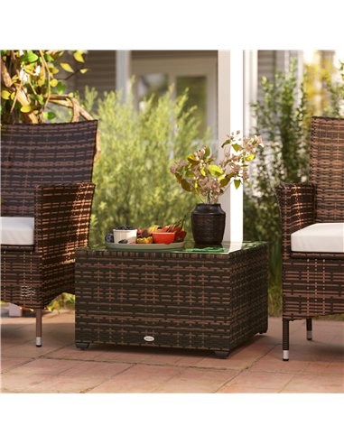 Outsunny 62 x 62cm Glass-Top Rattan Side Table - Brown