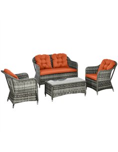 Outsunny Four-Piece Rattan Sofa Set, with Glass-Top Table - Orange