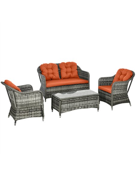 Outsunny Four-Piece Rattan Sofa Set, with Glass-Top Table - Orange - pic 129288 | FastDaddyshop